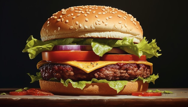 Grillowany cheeseburger dla smakoszy ze świeżymi warzywami i frytkami wygenerowany przez sztuczną inteligencję