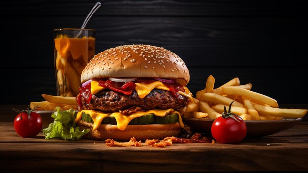 Grillowany cheeseburger i frytki, klasyczny amerykański posiłek wygenerowany przez sztuczną inteligencję.