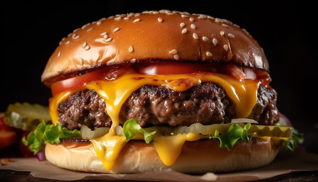 Grillowany cheeseburger na bułce ze świeżymi pomidorami i cebulą wygenerowany przez sztuczną inteligencję