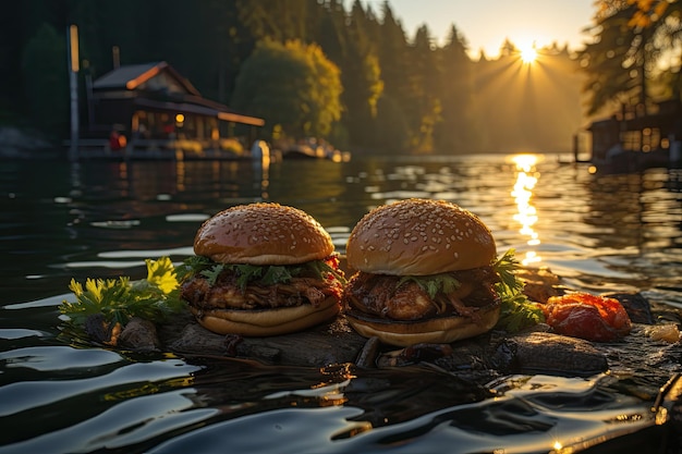 Grillowany hamburger z kurczakiem w spokojnej kawie jeziornej z pływającymi kaczkami generatywnymi IA