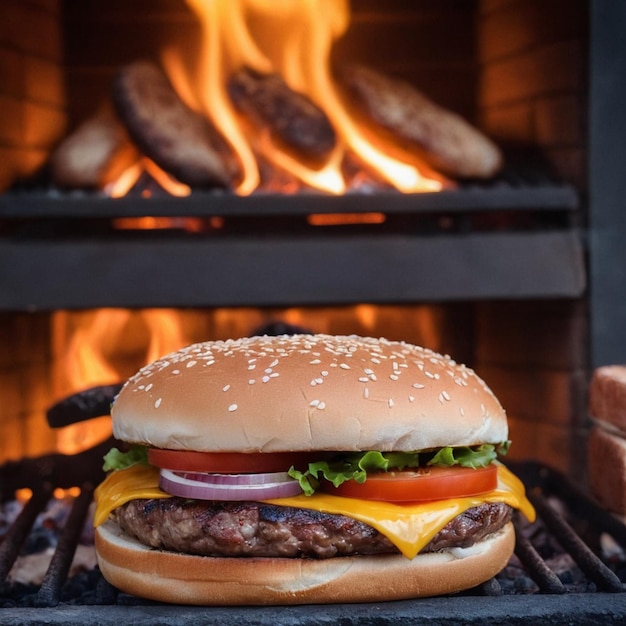 Grillowany hamburger z serem i czerwoną cebulą podawany na podwórku przy drewnianym ogniu