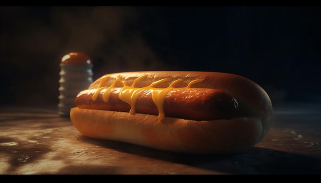 Grillowany hot dog na bułeczce z ketchupem i cebulą generowany przez sztuczną inteligencję