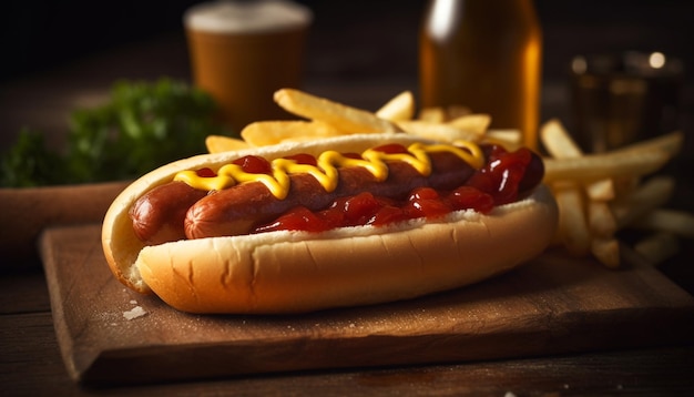 Grillowany hot dog w bułce z frytkami ketchupowymi i colą generowaną przez sztuczną inteligencję