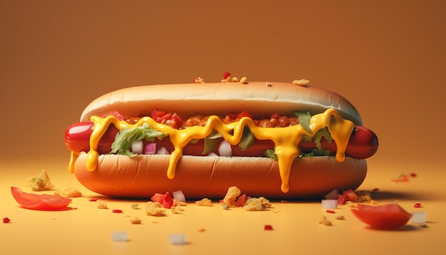 Grillowany hot dog wołowy w bułce z ketchupem i cebulą generowany przez sztuczną inteligencję