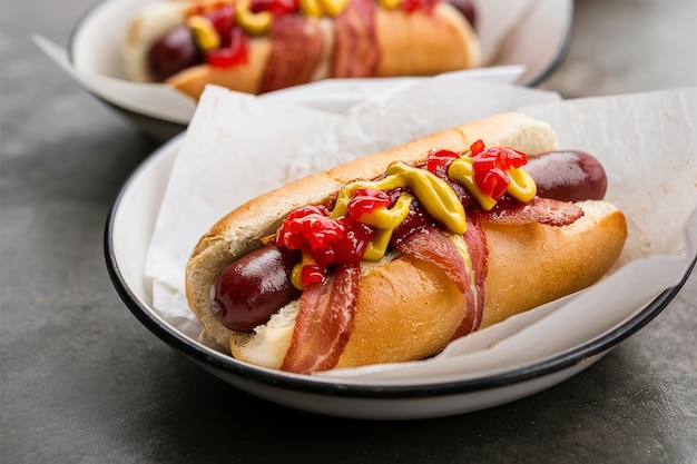 Grillowany hot dog z bekonem, ketchupem i musztardą.