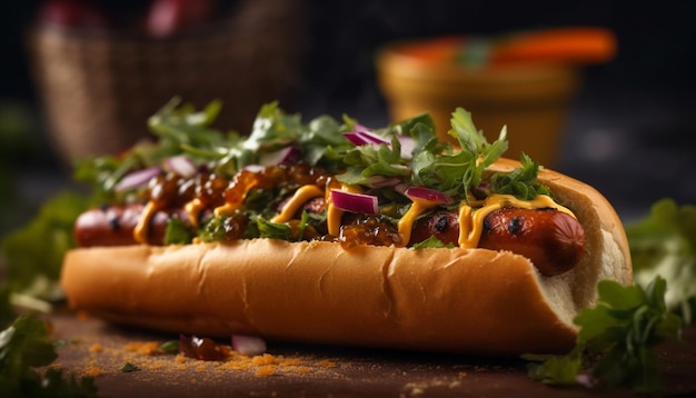 Grillowany hot dog z wołowiną na bułeczce z ketchupem i cebulą generowany przez sztuczną inteligencję