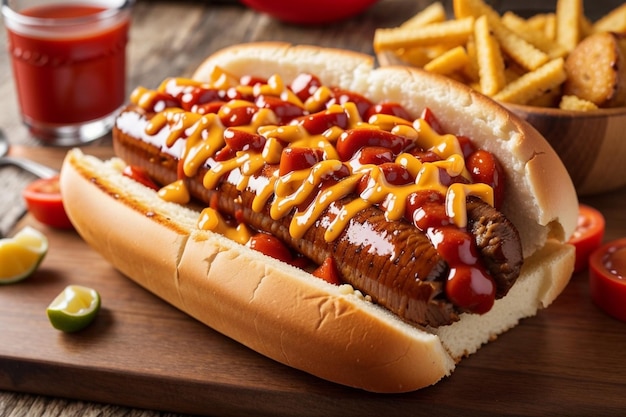 Zdjęcie grillowany hot dog z wołowiną z ketchupem