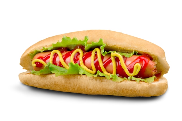 Grillowany Hot Dog z żółtą musztardą na białym tle