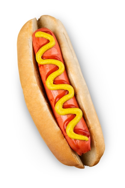 Grillowany Hot Dog z żółtą musztardą na białym tle