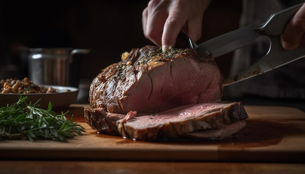 Grillowany kawałek mięsa na drewnianym stole gotowy do jedzenia główne danie generowane przez sztuczną inteligencję