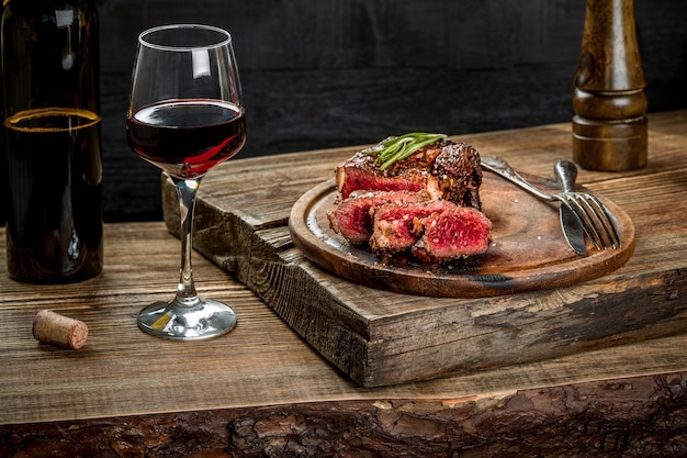 Grillowany stek wołowy ribeye z czerwonym winem, ziołami i przyprawami na drewnianym stole. Martwa natura