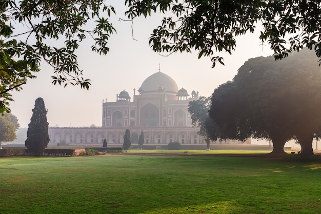 Grobowiec Humajuna w porannej mgle, New Delhi, Indie.