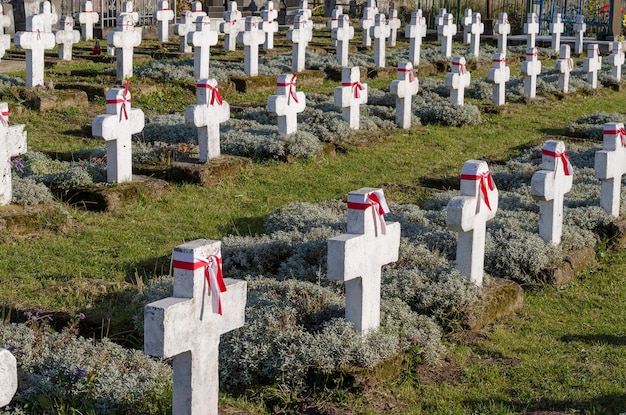 Grodno Białoruś 26 października 2018 Duży cmentarz wojskowy Wiele białych dużych kamiennych krzyży Polska flaga Nowoczesny zadbany pomnik