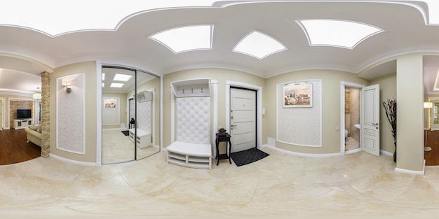 GRODNO BIAŁORUŚ 27 kwietnia 2017 Widok panoramy 360 w nowoczesnym białym pustym korytarzu w elitarnym luksusowym loftowym płaskim pełnym 360 na 180 stopniach panoramie w równoprostokątnej projekcji sferycznej skybox VR content