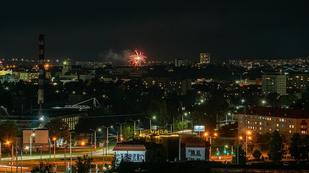 Grodno Białoruś Czerwiec 2021 Nocna Panorama Miasta Wysokie Budynki Mieszkalne Oświetlone Nocną Iluminacją Widok Z Góry Okien I Dachów Domów