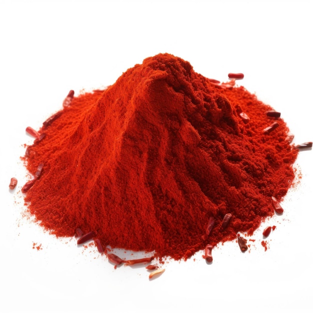 Gromada czerwonego proszku chili na białym tle