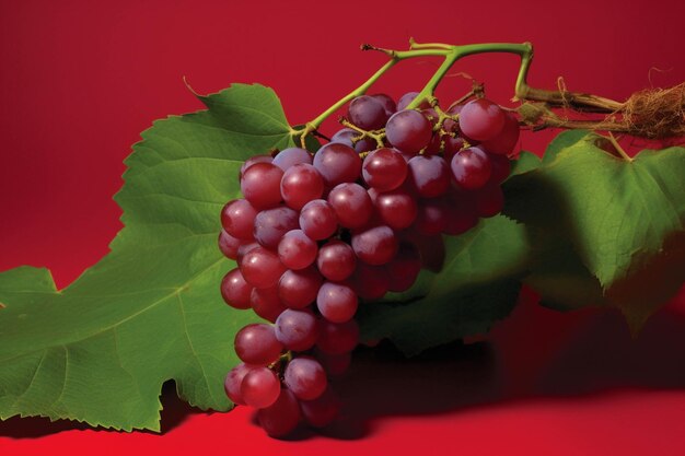 Gromada czerwonych winogron na ciemnym tle z zielonymi liśćmi