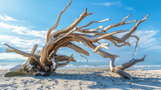 Zdjęcie gromada drewna pływającego na piaszczystej plaży