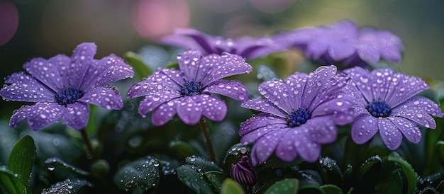 Gromada fioletowych kwiatów ozdobiona kropelkami wody
