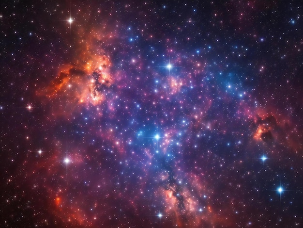 Gromada gwiazd, każda z własną mgławicą w fascynującej mieszance kolorów i kształtów generowanych przez ai