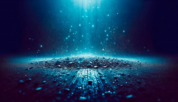 Gromada kamieni na podłodze z niebieskimi cząstkami światła schodzącymi na ciemno niebieskim tle symbolizującym mistyczną lub eteryczną koncepcję Generatywna sztuczna inteligencja