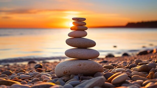 Gromada kamieni Zen na plaży przy zachodzie słońca Koncepcja Zen