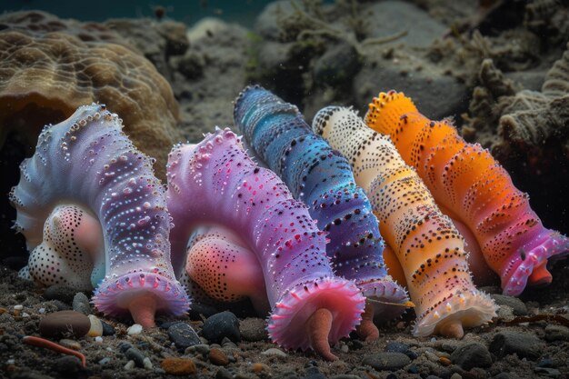 Gromada kolorowych głębinowych ogórków morskich spoczywających na dnie oceanu
