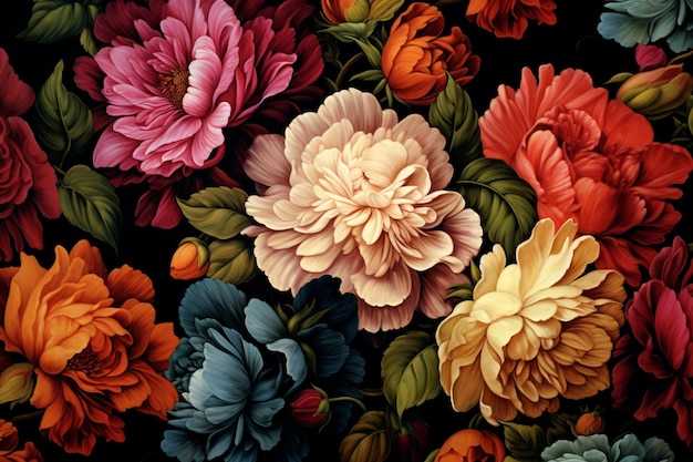 Gromada kolorowych kwiatów na czarnym tle ciemny wzór kwiatów tapeta skomplikowany kwiat d