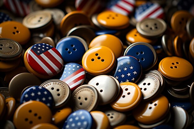 Gromada kolorowych przycisków z amerykańską flagą na nich Selektywne skupienie