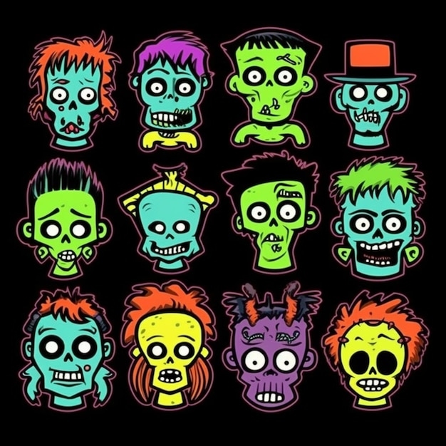 Gromada kreskówkowych głów zombie o różnych kolorach generatywnych ai