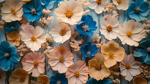 Gromada kwiatów, które są na stole razem w pokoju z niebieskimi i różowymi kwiatami na ścianie