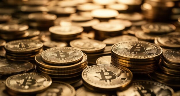 Gromada monet Bitcoin symbolizujących bogactwo kryptowaluty