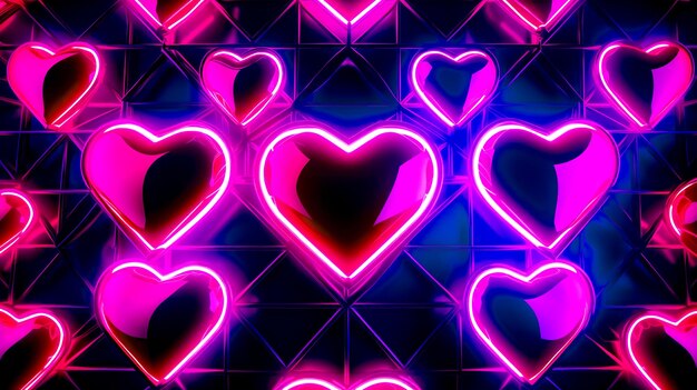 Zdjęcie gromada neonowych świateł w kształcie serca w ciemnym pokoju z niebieskim i różowym tłem