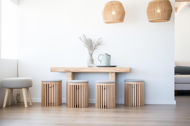 Gromada okrągłych drewnianych stołów w minimalistycznym pokoju