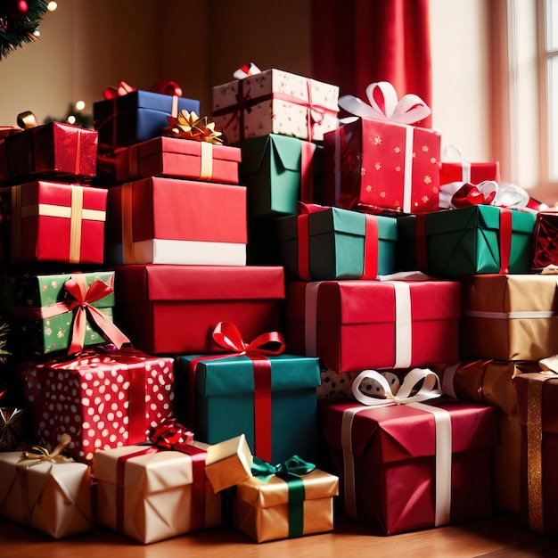 Gromada owiniętych ozdobionych prezentów świątecznych tradycja dzielenia się prezentami świątecznymi