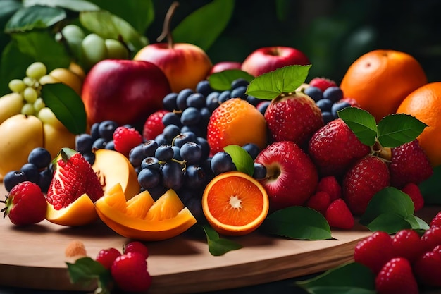 Gromada owoców, w tym truskawki, truskawki i pomarańcze.