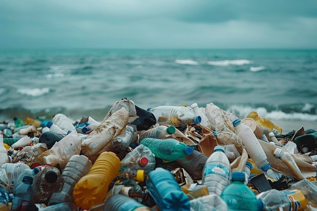 Gromada plastikowych butelek i toreb pokrywających plażę i zanieczyszczających ocean