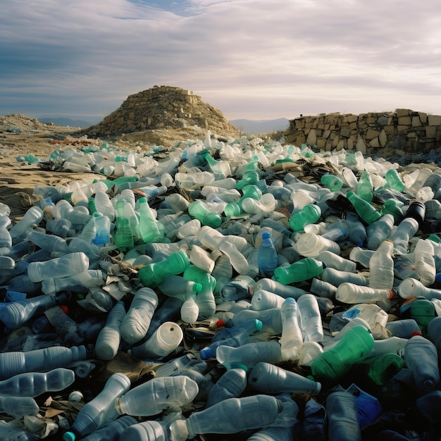 Gromada plastikowych butelek na wysypisku na plaży po zimowych burzach