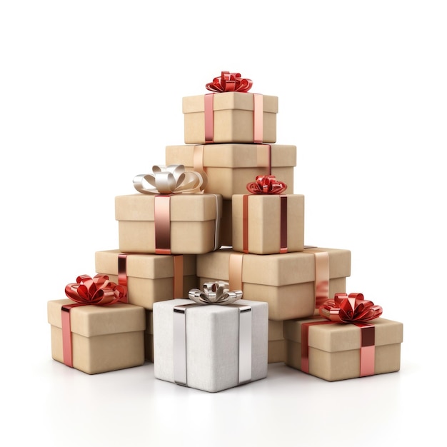 Gromada pudełek podarunkowych z łukami izolowanymi na białym tle w stylu kreskówek prezent na Boże Narodzenie, Nowy Rok lub Urodziny