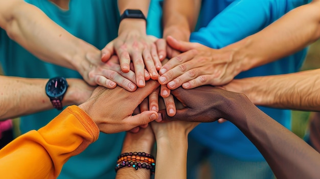 Gromada rąk pokazująca jedność i pracę zespołową między przyjaciółmi