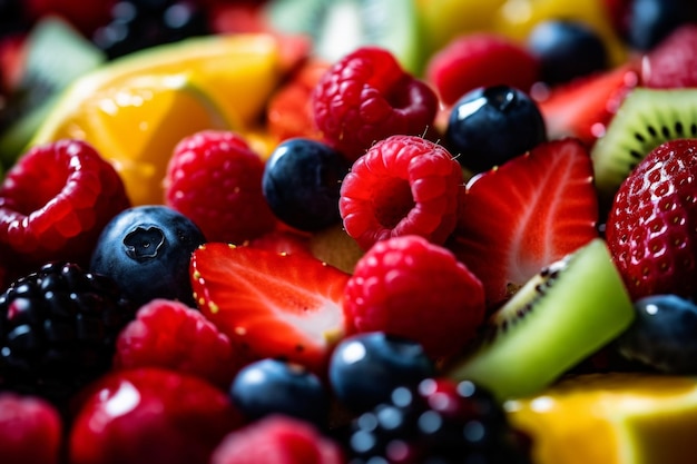 Gromada różnych owoców, w tym maliny, maliny i jagody.