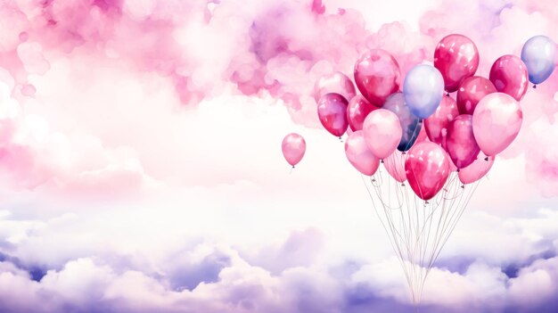 Gromada różowych i fioletowych balonów pływa na tle śnieżnego pastelowego nieba wypełnionego miękkimi chmurami