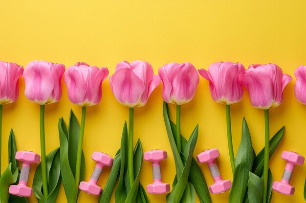 Gromada różowych kwiatów tulipanów i sztyletów w kształcie liczby na jasnym tle z kopią