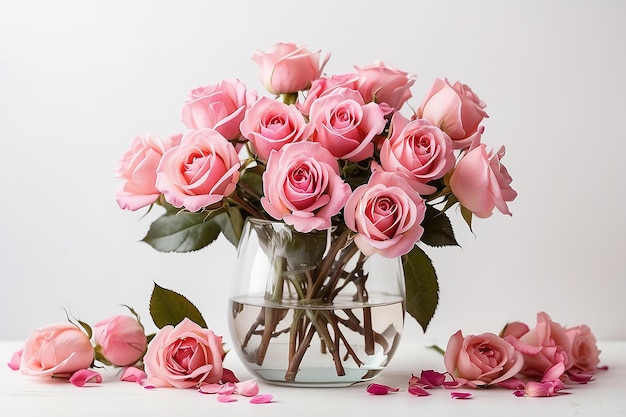 Gromada różowych róż w szklanym wazonie na białym tle