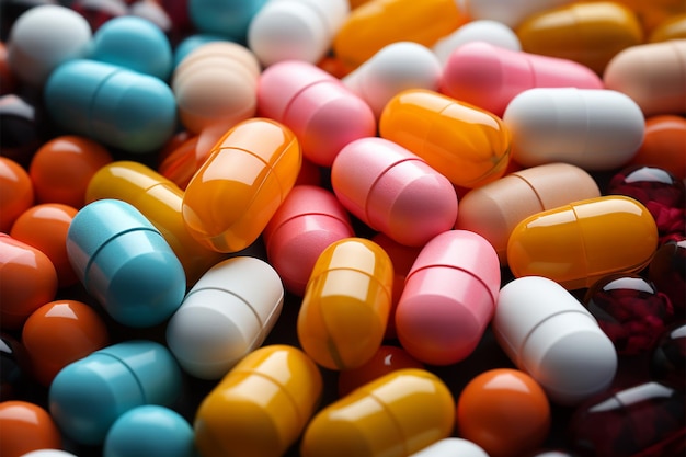 Gromada tabletek różnych kolorów zapakowanych w plastikowy asortyment leczniczy w kapsułkach