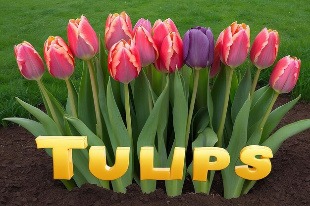 Gromada tulipanów ze słowem tulipany na dnie