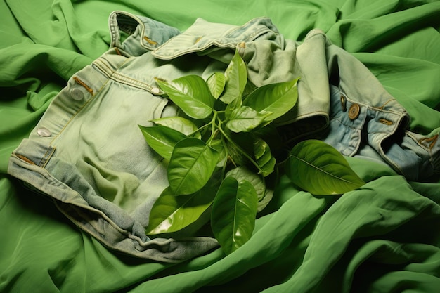 Zdjęcie gromada używanych ubrań symbolizująca szybką modę i recykling symbol zielonego domu z liśćmi i wtyczką