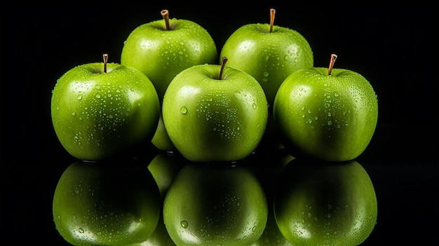 Zdjęcie gromada zielonych jabłek na stole z lustrem