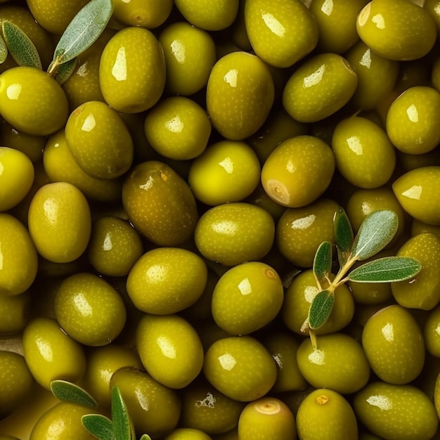 Gromada zielonych oliwek z liśćmi na nich