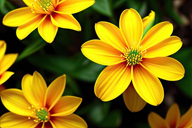 Gromada żółtych kwiatów z zielonymi liśćmi